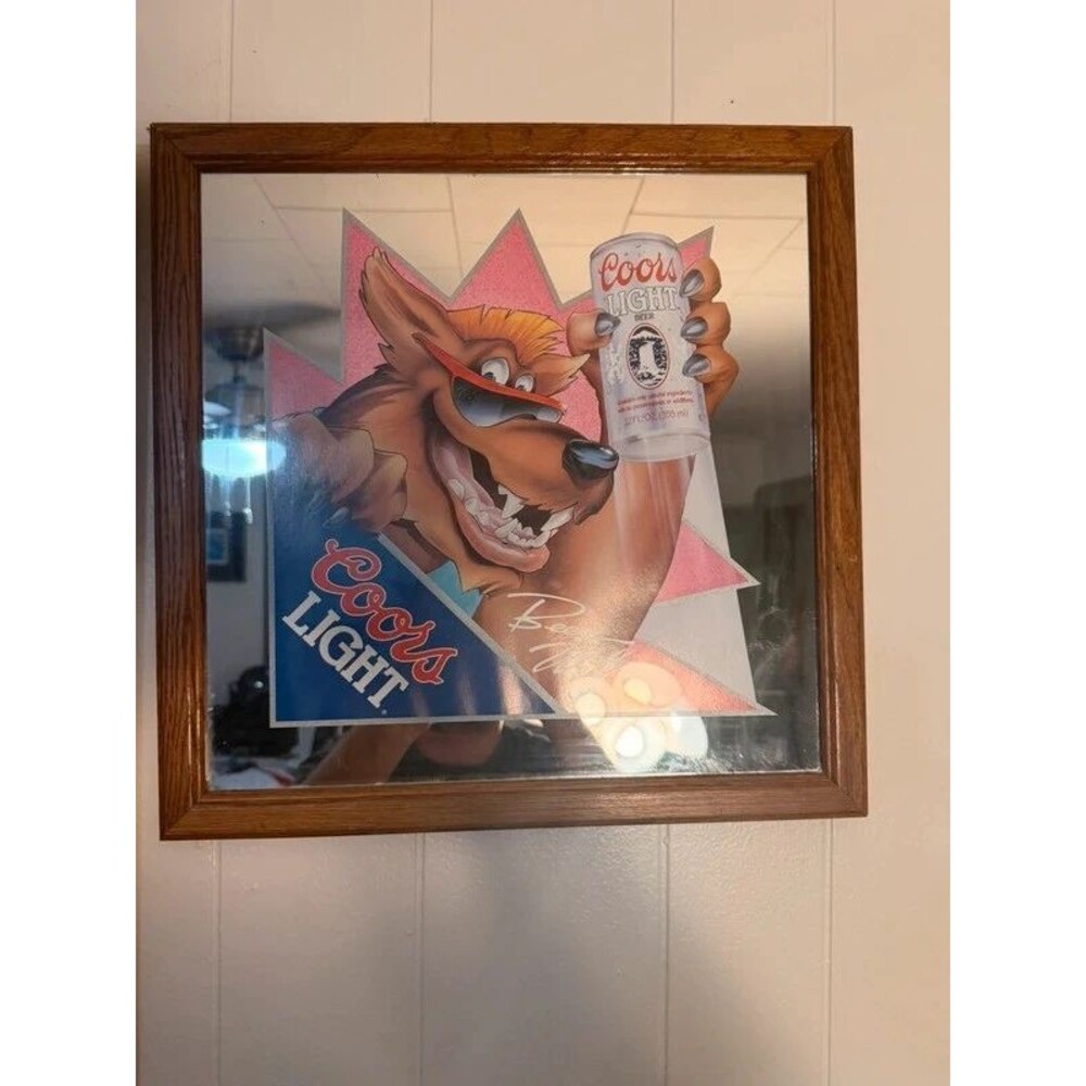 Vintage 1986 Coors Light "Beer Wolf" Bar Mirror Framed Sign